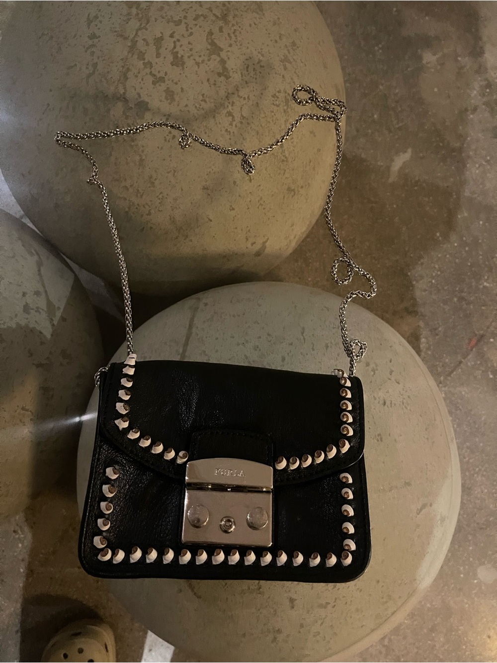 Furla Black Leather Crossbody with Silver Studs and Chain